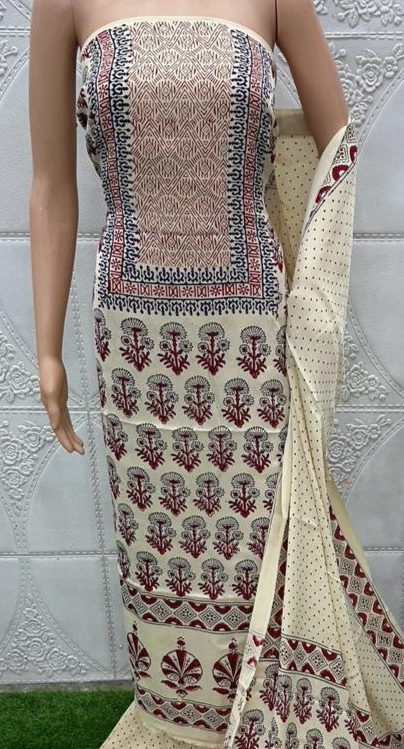 White Original Natural Ajrakh Print 3 pc Pure Modal Silk Unstitched Suit Set