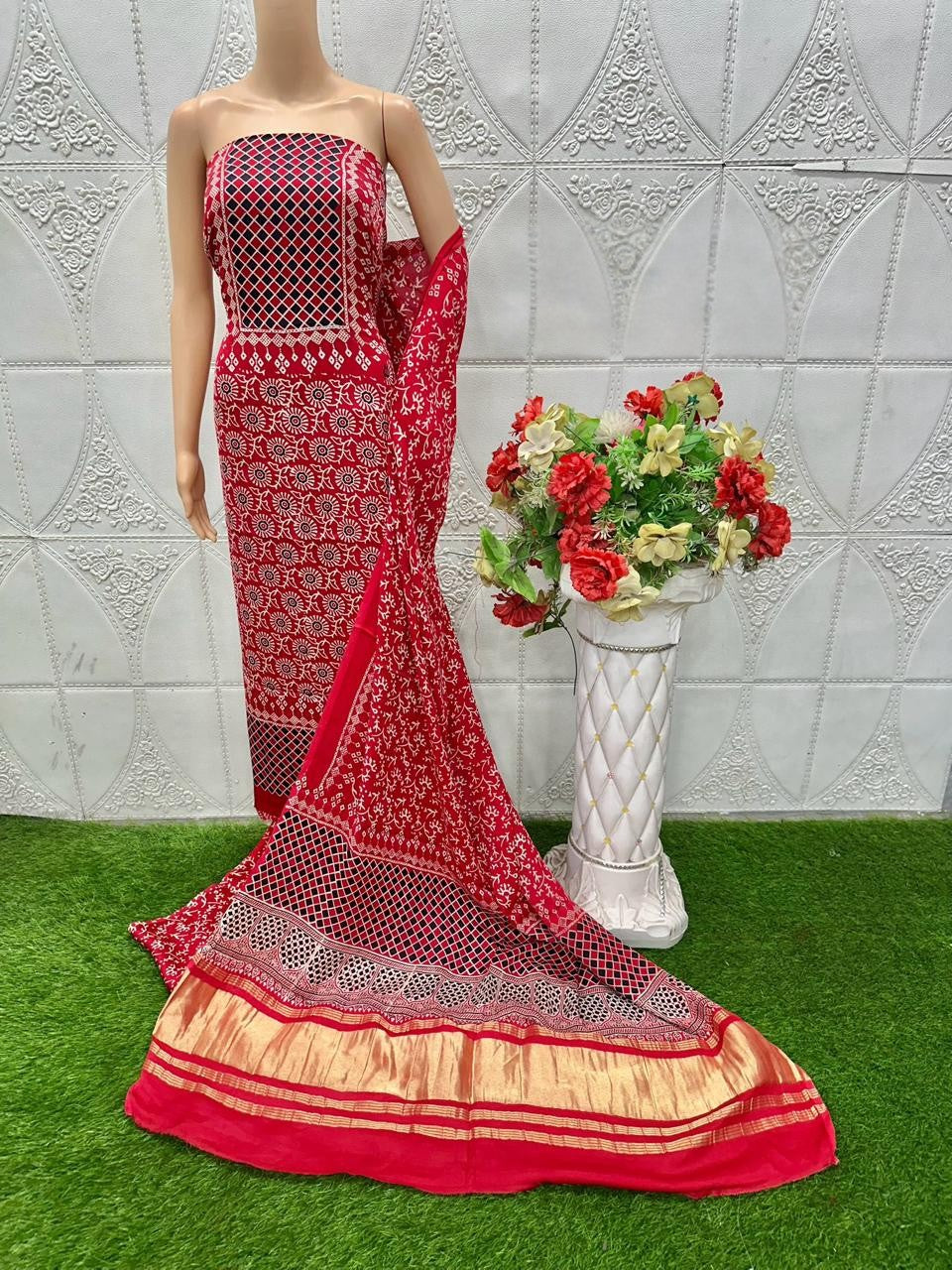 Prominent Red Original Natural Ajrakh Print 3 pc Pure Modal Silk Unstitched Suit Set
