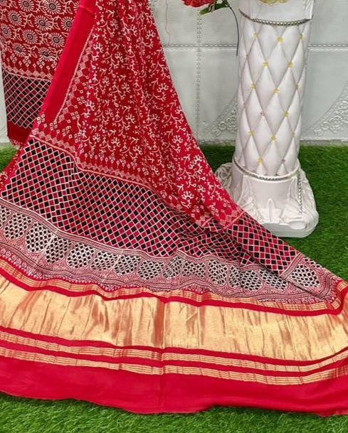 Prominent Red Original Natural Ajrakh Print 3 pc Pure Modal Silk Unstitched Suit Set