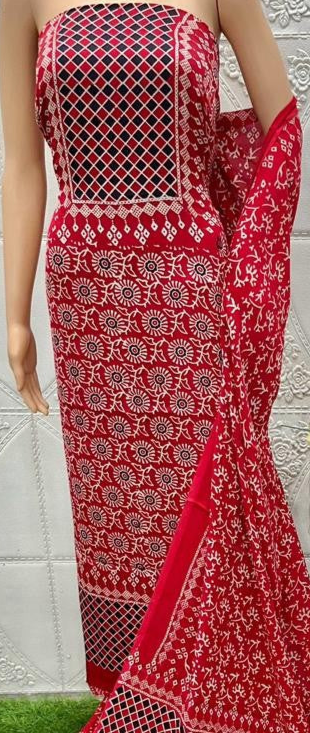 Prominent Red Original Natural Ajrakh Print 3 pc Pure Modal Silk Unstitched Suit Set
