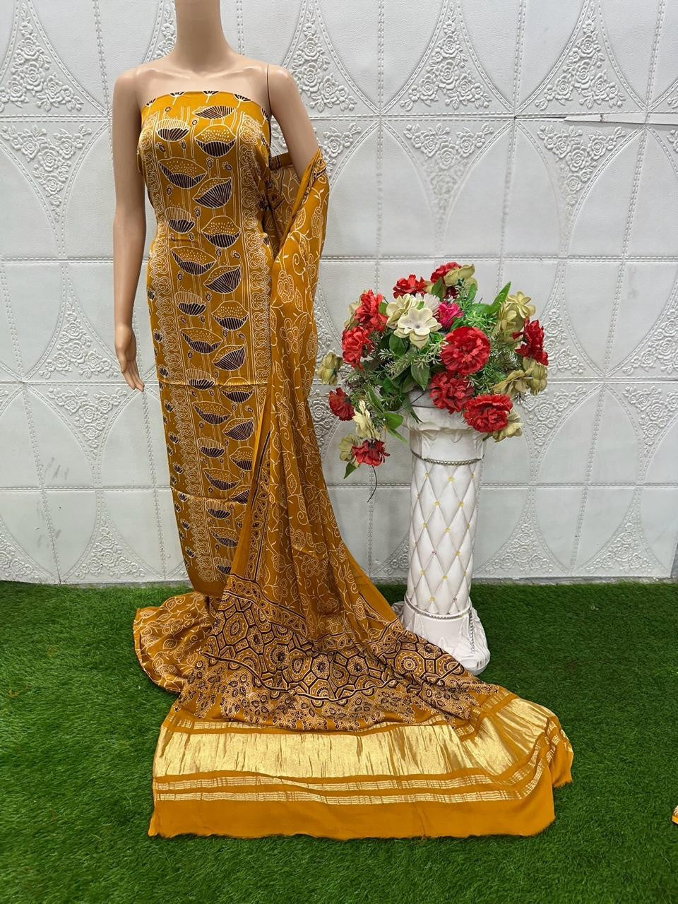 Mustrad Original Natural Ajrakh Print 3 pc Pure Modal Silk Unstitched Suit Set