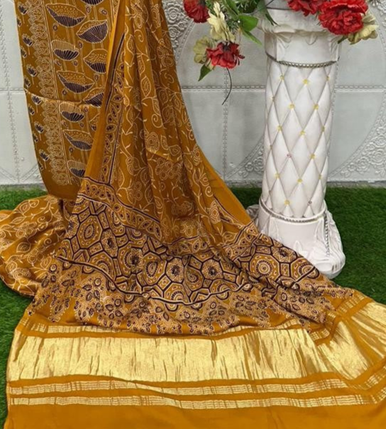 Mustrad Original Natural Ajrakh Print 3 pc Pure Modal Silk Unstitched Suit Set