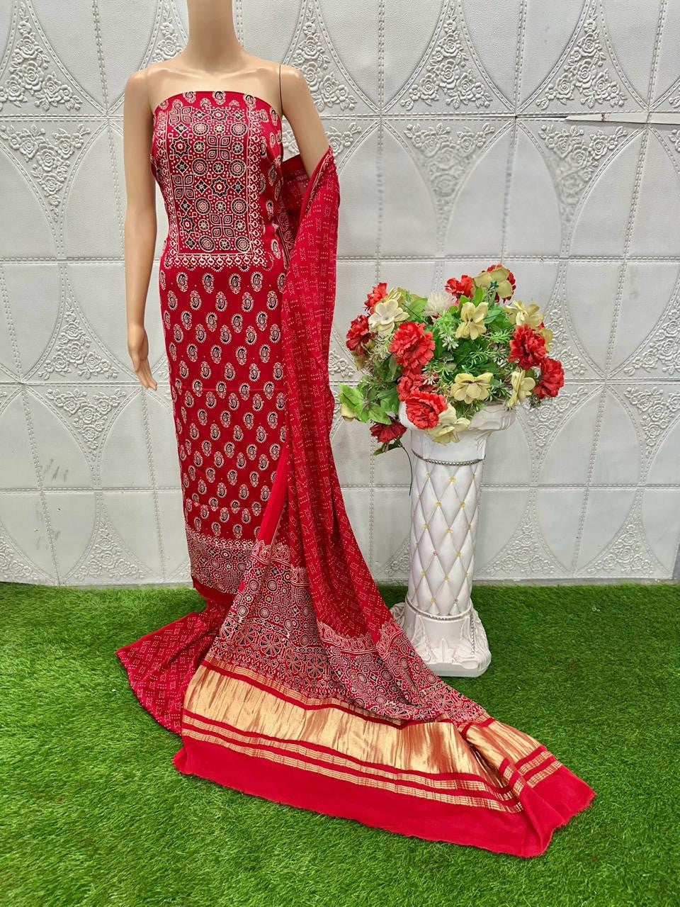Angelic Red Original Natural Ajrakh Print 3 pc Pure Modal Silk Unstitched Suit Set