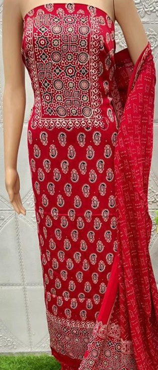 Angelic Red Original Natural Ajrakh Print 3 pc Pure Modal Silk Unstitched Suit Set