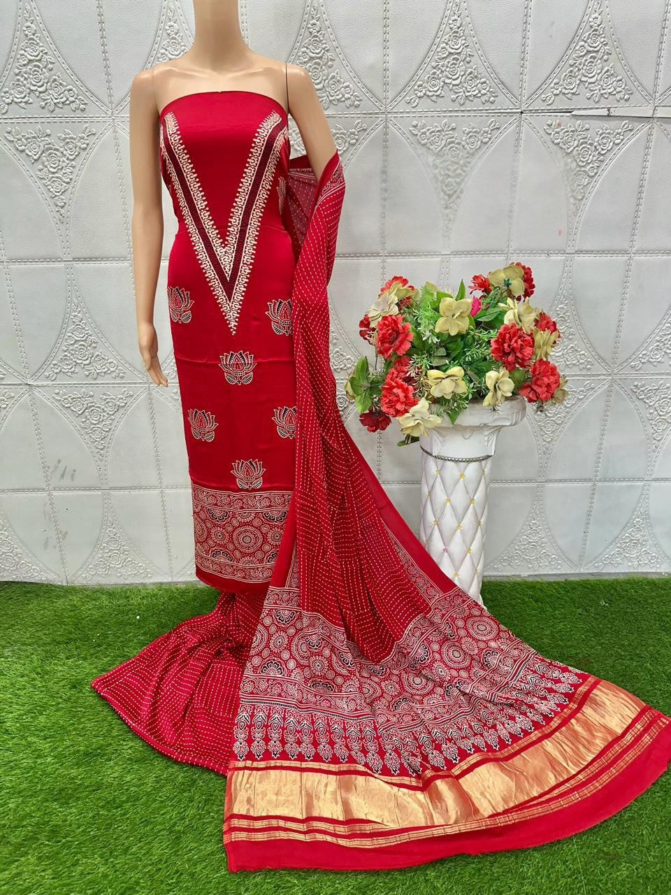 Incredible Red Original Natural Ajrakh Print 3 pc Pure Modal Silk Unstitched Suit Set