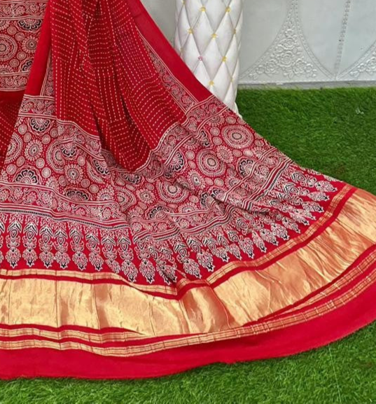 Incredible Red Original Natural Ajrakh Print 3 pc Pure Modal Silk Unstitched Suit Set