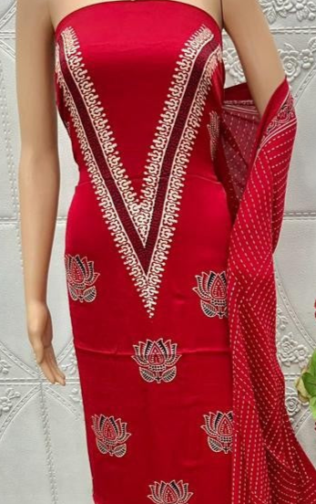 Incredible Red Original Natural Ajrakh Print 3 pc Pure Modal Silk Unstitched Suit Set