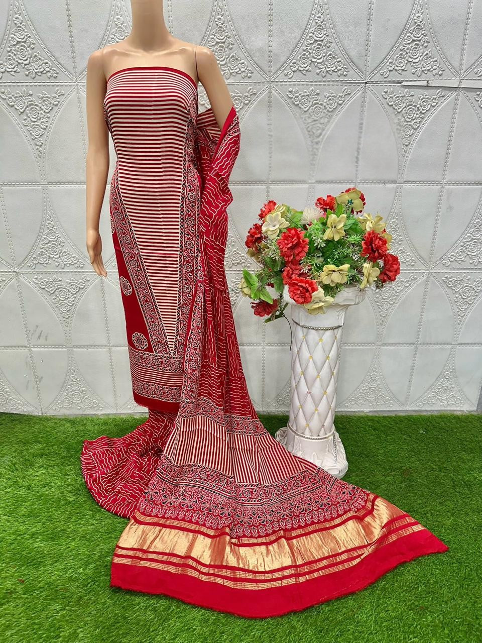 Red Original Natural Ajrakh Print 3 pc Pure Modal Silk Unstitched Suit Set