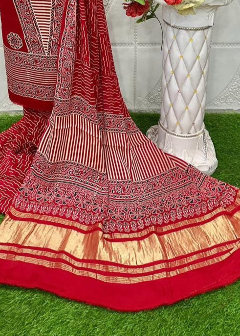 Red Original Natural Ajrakh Print 3 pc Pure Modal Silk Unstitched Suit Set