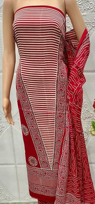 Red Original Natural Ajrakh Print 3 pc Pure Modal Silk Unstitched Suit Set