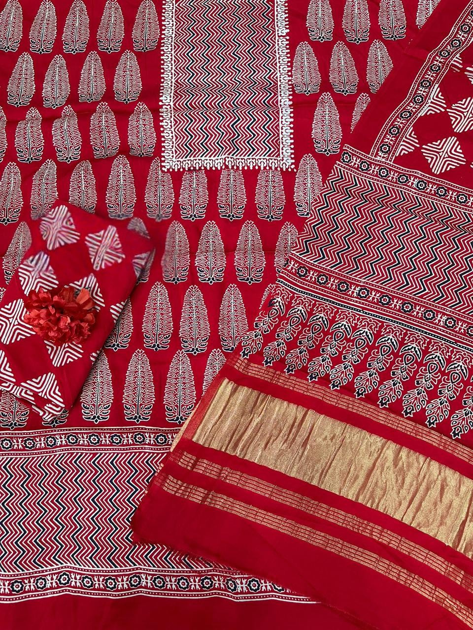 Effervescent Red Original Natural Ajrakh Print 3 pc Pure Modal Silk Unstitched Suit Set