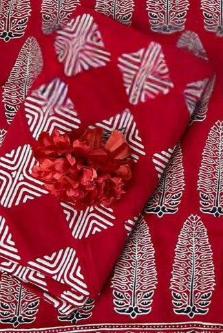 Effervescent Red Original Natural Ajrakh Print 3 pc Pure Modal Silk Unstitched Suit Set