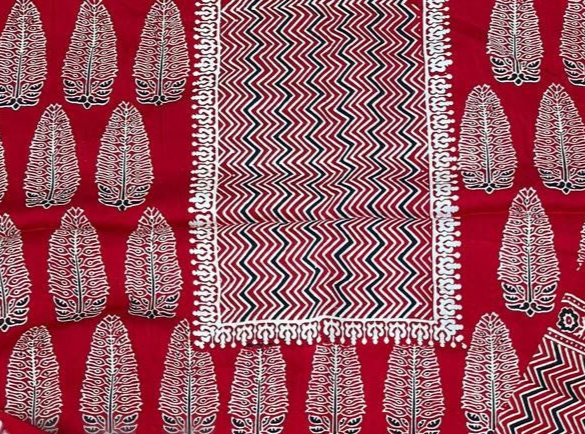 Effervescent Red Original Natural Ajrakh Print 3 pc Pure Modal Silk Unstitched Suit Set