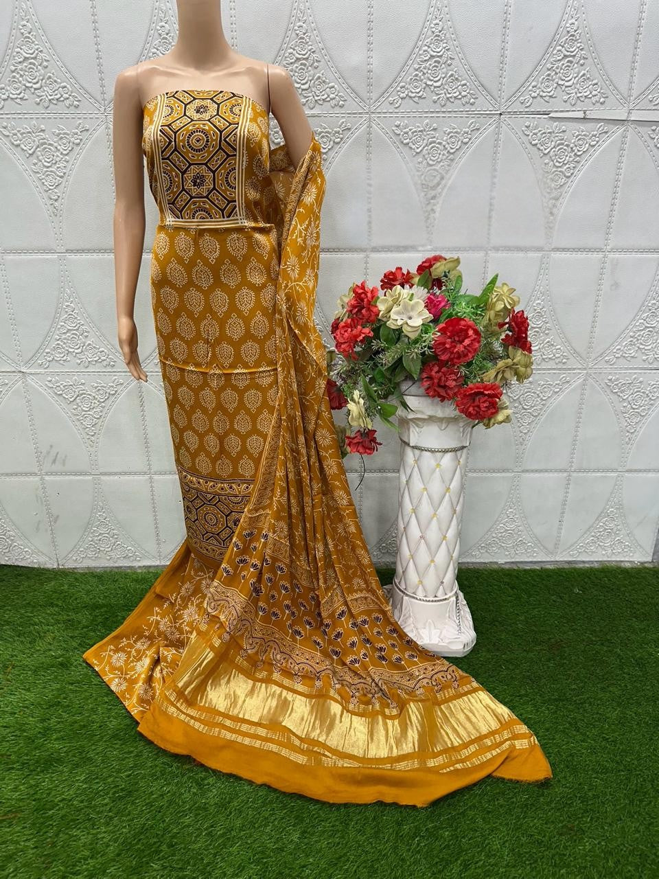Mustrad Original Natural Ajrakh Print 3 pc Pure Modal Silk Unstitched Suit Set