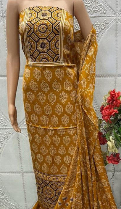 Mustrad Original Natural Ajrakh Print 3 pc Pure Modal Silk Unstitched Suit Set