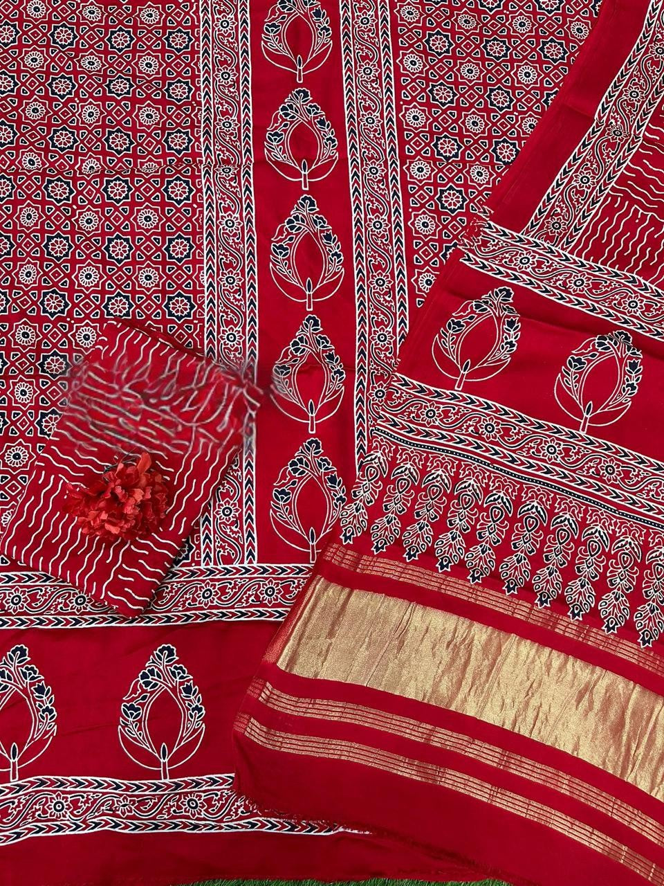 Capricious Red Original Natural Ajrakh Print 3 pc Pure Modal Silk Unstitched Suit Set