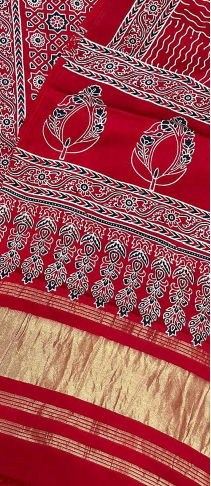 Capricious Red Original Natural Ajrakh Print 3 pc Pure Modal Silk Unstitched Suit Set