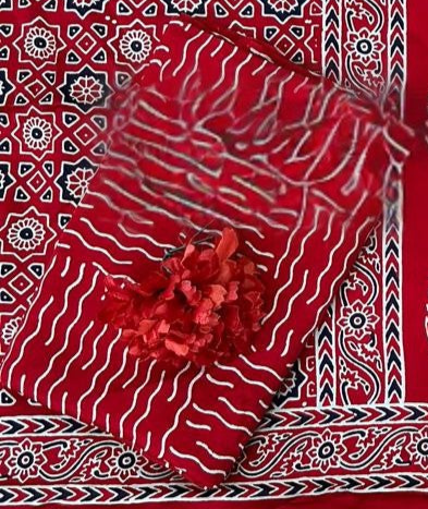 Capricious Red Original Natural Ajrakh Print 3 pc Pure Modal Silk Unstitched Suit Set