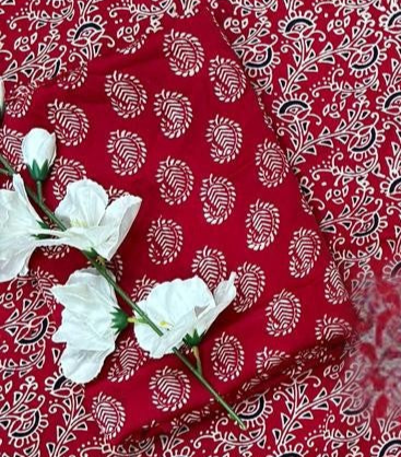 Red Original Natural Ajrakh Print 3 pc Pure Modal Silk Unstitched Suit Set