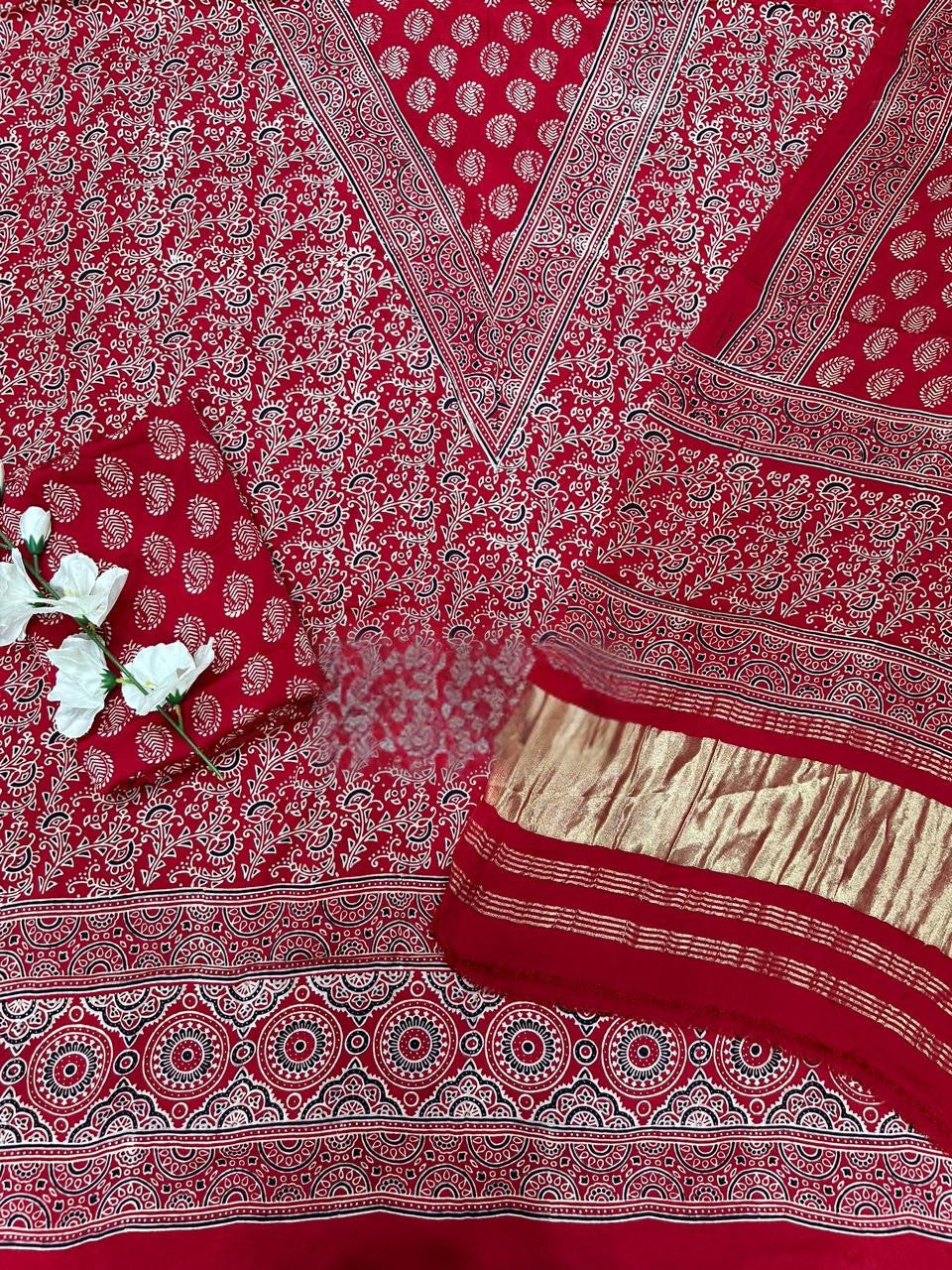 Red Original Natural Ajrakh Print 3 pc Pure Modal Silk Unstitched Suit Set