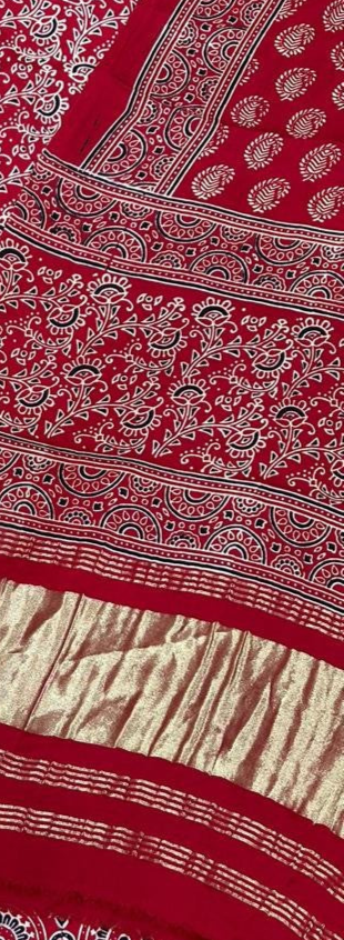 Red Original Natural Ajrakh Print 3 pc Pure Modal Silk Unstitched Suit Set