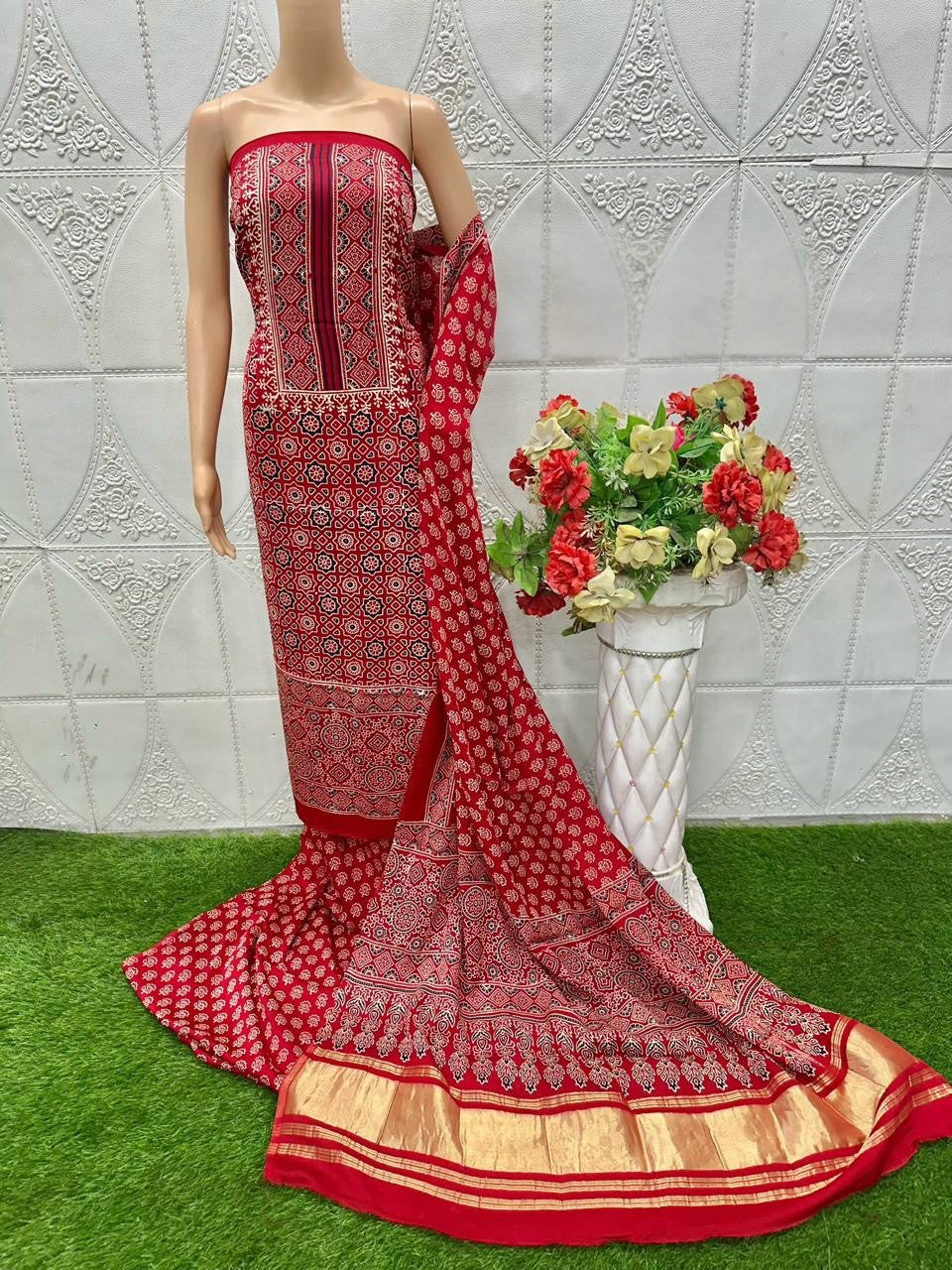 Intricate Red Original Natural Ajrakh Print 3 pc Pure Modal Silk Unstitched Suit Set