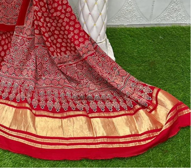 Intricate Red Original Natural Ajrakh Print 3 pc Pure Modal Silk Unstitched Suit Set