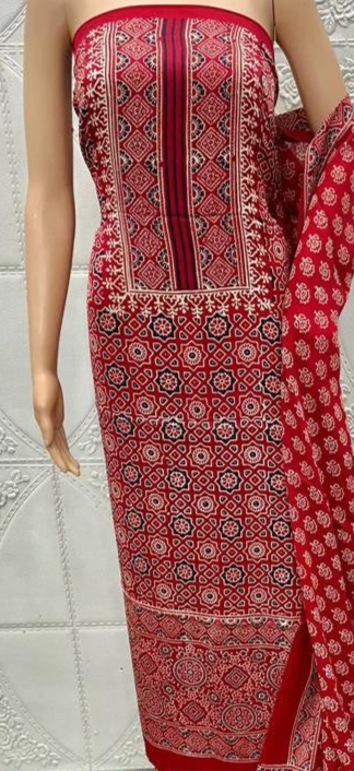 Intricate Red Original Natural Ajrakh Print 3 pc Pure Modal Silk Unstitched Suit Set