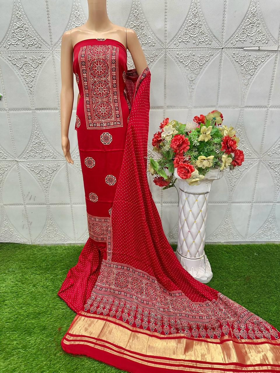 Beleaguer Red Original Natural Ajrakh Print 3 pc Pure Modal Silk Unstitched Suit Set