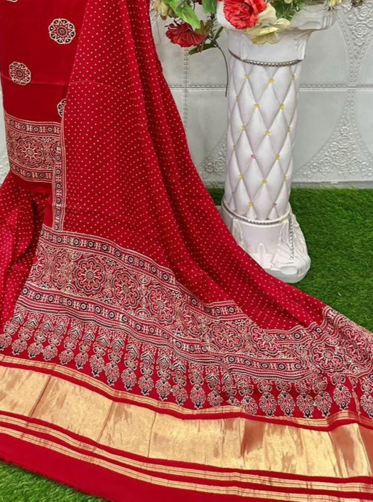 Beleaguer Red Original Natural Ajrakh Print 3 pc Pure Modal Silk Unstitched Suit Set