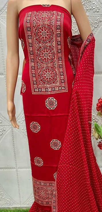 Beleaguer Red Original Natural Ajrakh Print 3 pc Pure Modal Silk Unstitched Suit Set