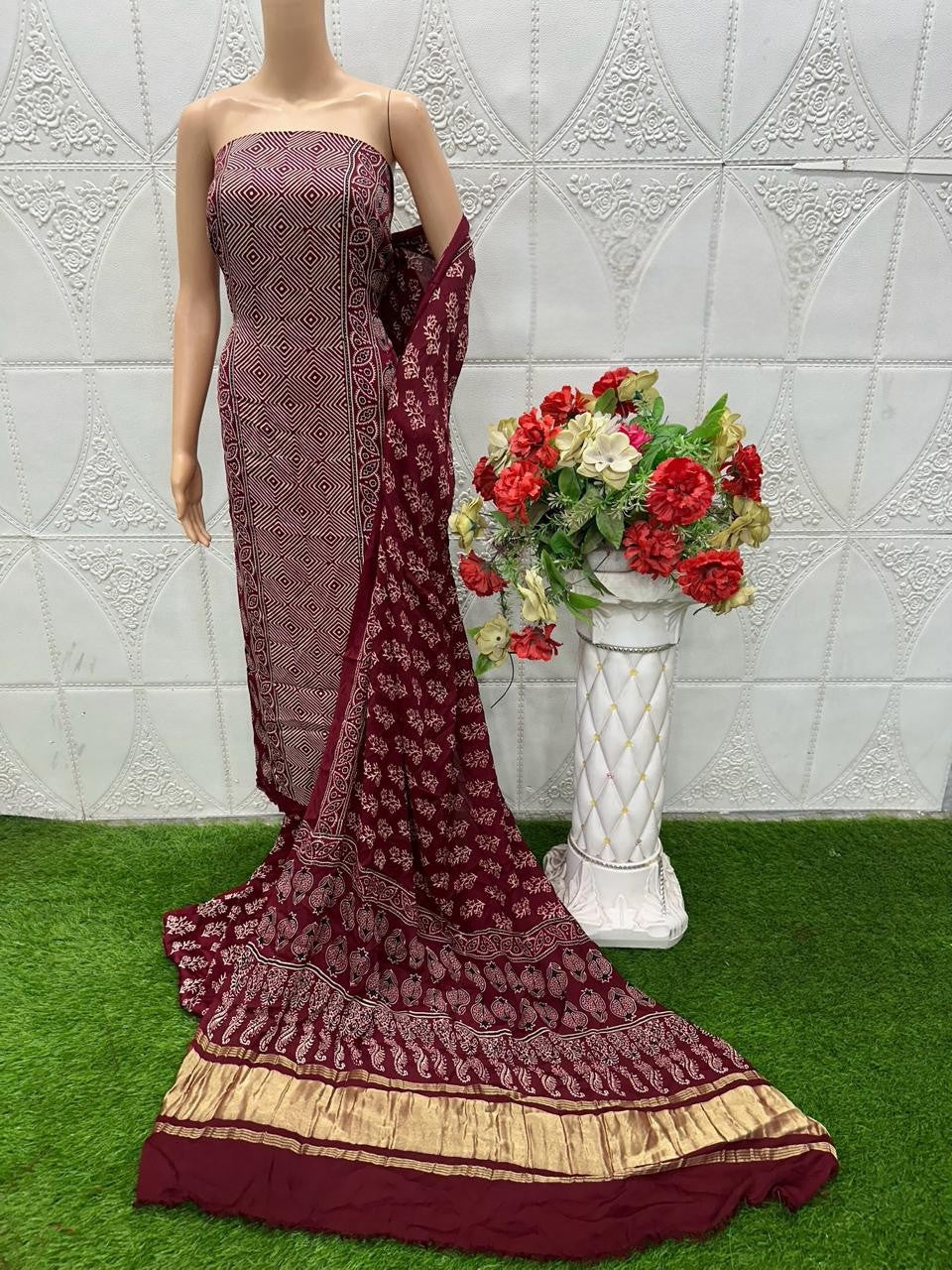 Maroon Original Natural Ajrakh Print 3 pc Pure Modal Silk Unstitched Suit Set