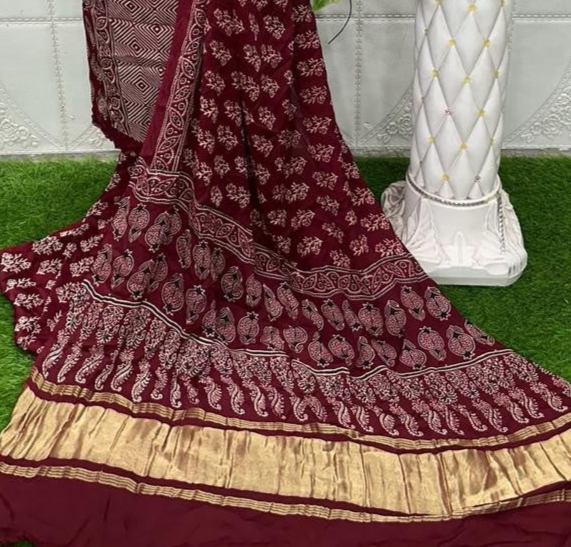 Maroon Original Natural Ajrakh Print 3 pc Pure Modal Silk Unstitched Suit Set