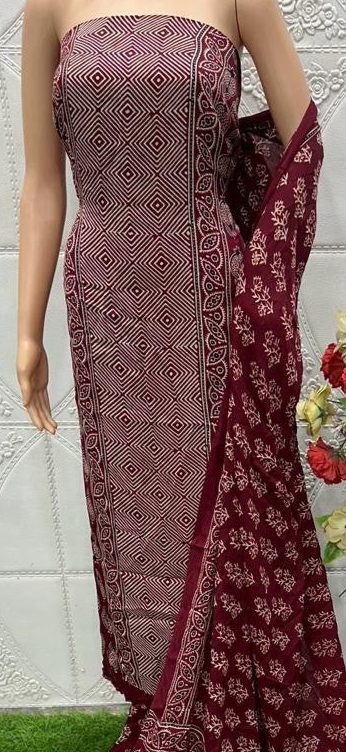 Maroon Original Natural Ajrakh Print 3 pc Pure Modal Silk Unstitched Suit Set