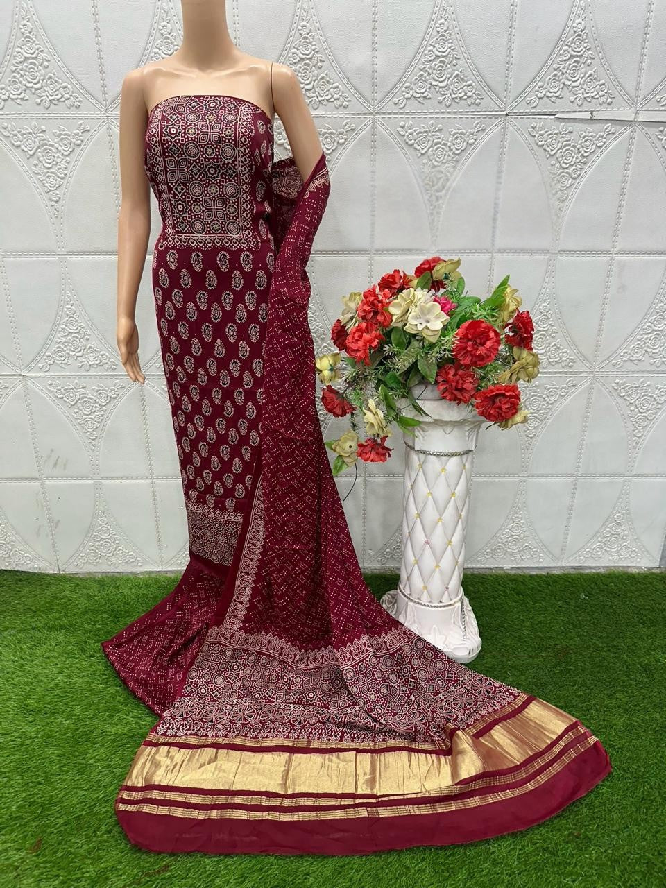 Maroon Original Natural Ajrakh Print 3 pc Pure Modal Silk Unstitched Suit Set