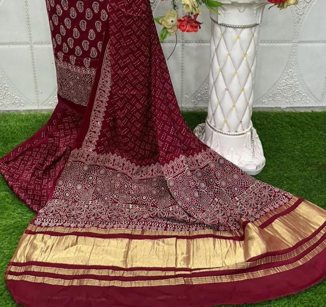 Maroon Original Natural Ajrakh Print 3 pc Pure Modal Silk Unstitched Suit Set