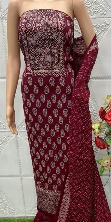 Maroon Original Natural Ajrakh Print 3 pc Pure Modal Silk Unstitched Suit Set