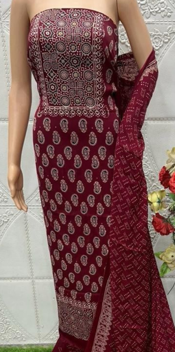 Maroon Original Natural Ajrakh Print 3 pc Pure Modal Silk Unstitched Suit Set