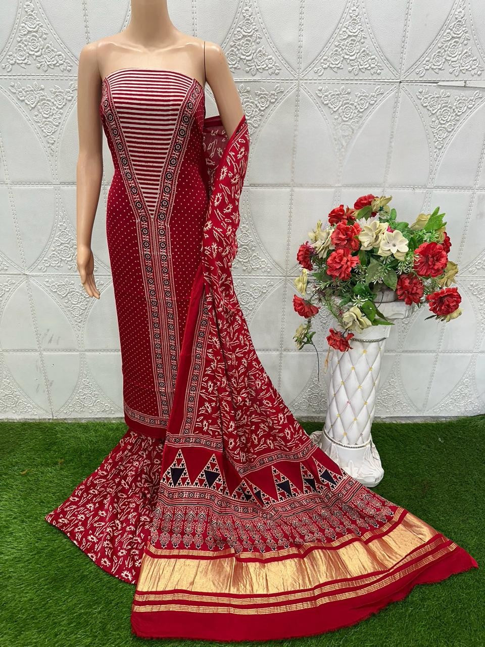 Red Original Natural Ajrakh Print 3 pc Pure Modal Silk Unstitched Suit Set