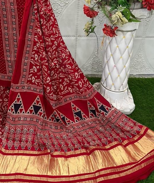 Red Original Natural Ajrakh Print 3 pc Pure Modal Silk Unstitched Suit Set