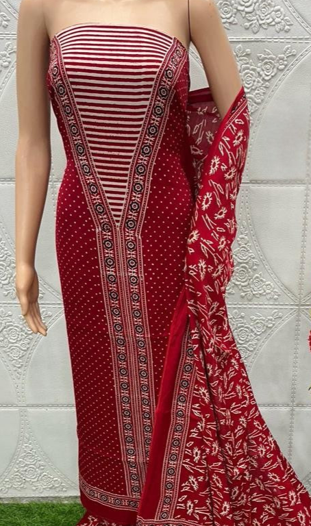 Red Original Natural Ajrakh Print 3 pc Pure Modal Silk Unstitched Suit Set