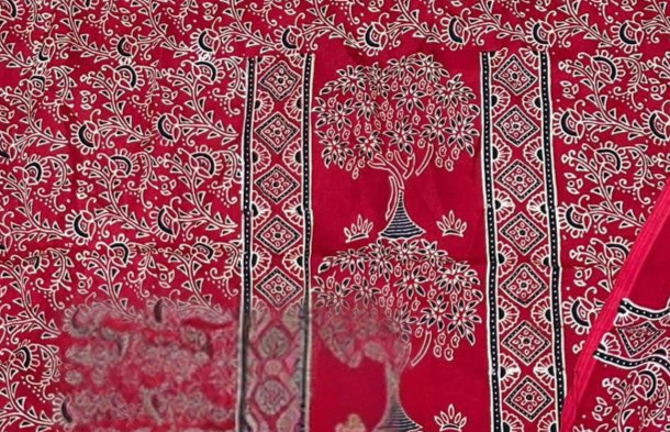 Red Original Natural Ajrakh Print 3 pc Pure Modal Silk Unstitched Suit Set