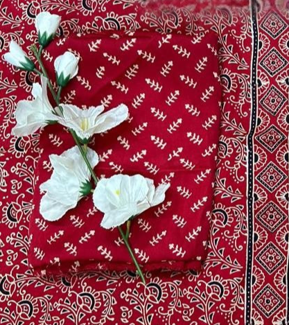 Red Original Natural Ajrakh Print 3 pc Pure Modal Silk Unstitched Suit Set