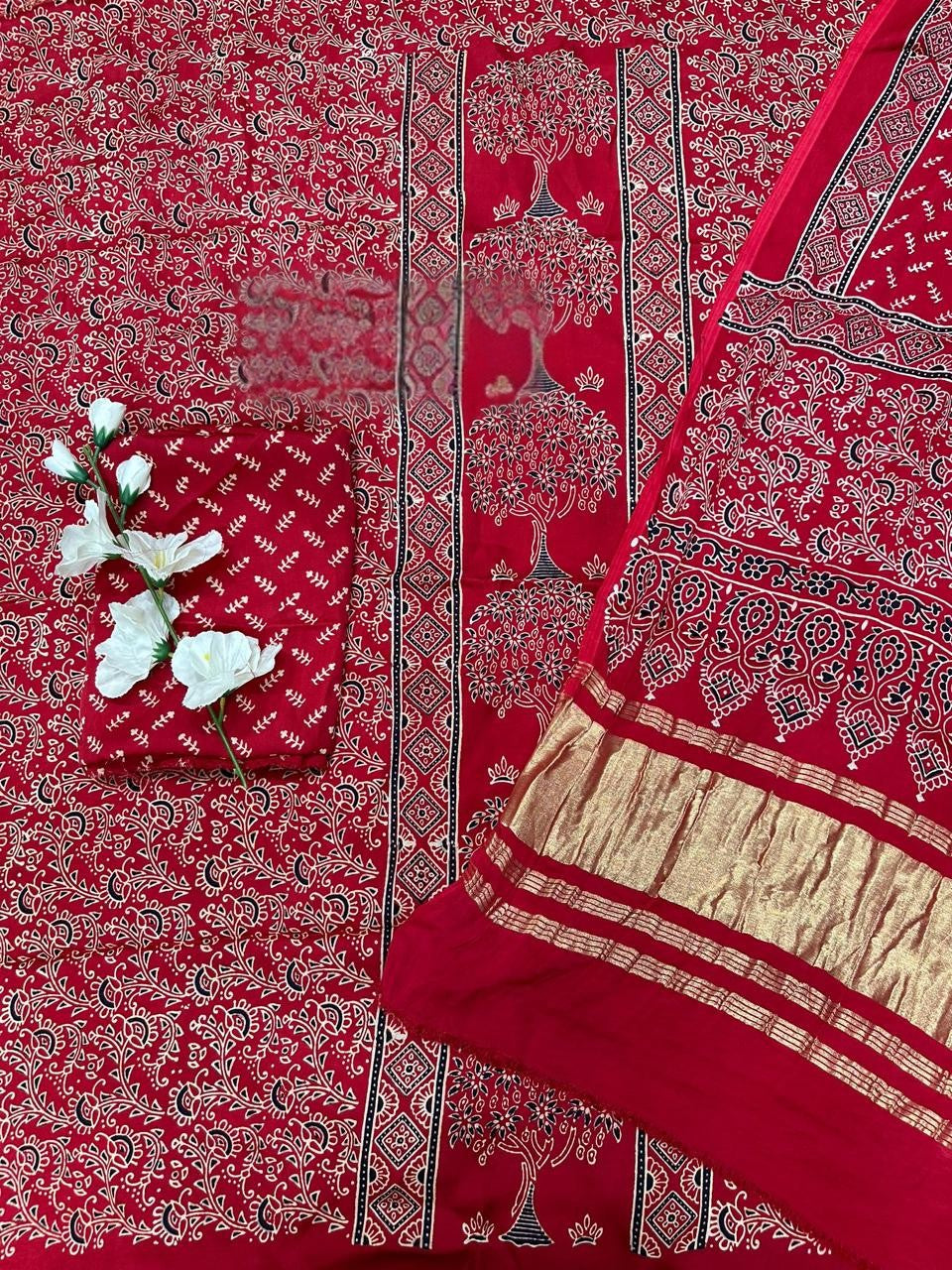 Red Original Natural Ajrakh Print 3 pc Pure Modal Silk Unstitched Suit Set