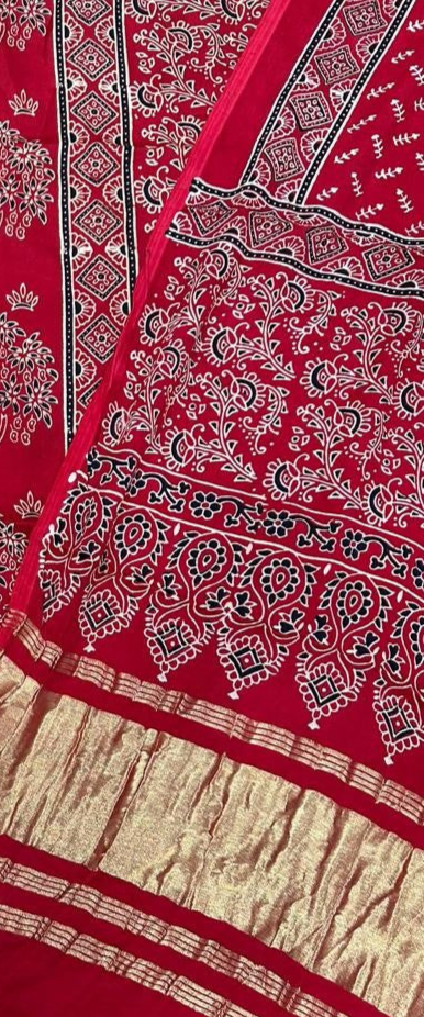 Red Original Natural Ajrakh Print 3 pc Pure Modal Silk Unstitched Suit Set