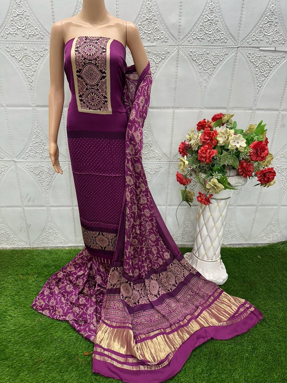 Wine Original Natural Ajrakh Print 3 pc Pure Modal Silk Unstitched Suit Set
