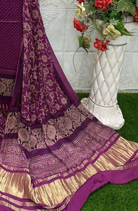 Wine Original Natural Ajrakh Print 3 pc Pure Modal Silk Unstitched Suit Set