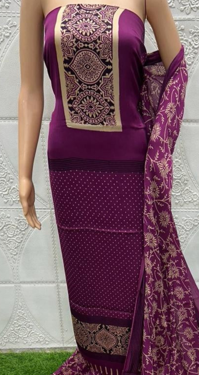 Wine Original Natural Ajrakh Print 3 pc Pure Modal Silk Unstitched Suit Set