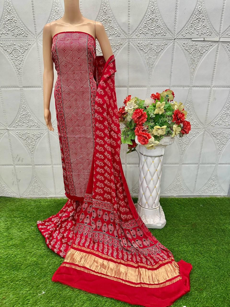 Pleasant Red Original Natural Ajrakh Print 3 pc Pure Modal Silk Unstitched Suit Set