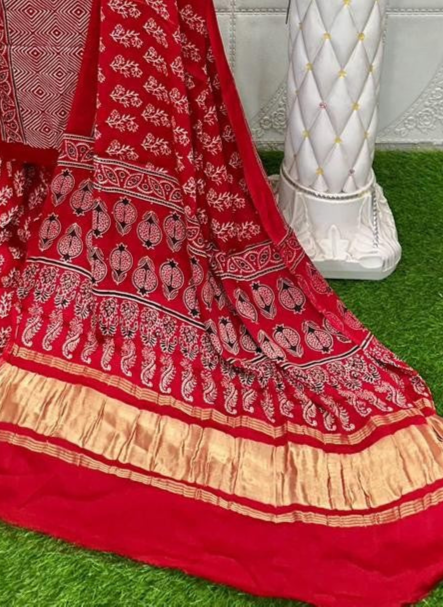 Pleasant Red Original Natural Ajrakh Print 3 pc Pure Modal Silk Unstitched Suit Set